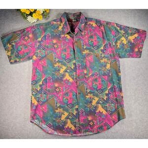 Vintage 90s Todays News Abstract Geometric Short Sleeve Button Up Shirt Mens L